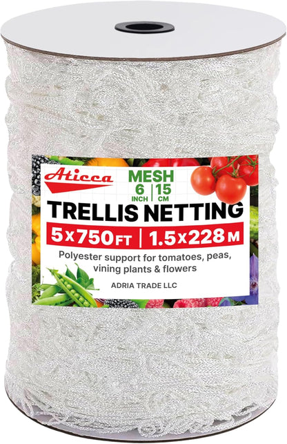 Trellis Netting 5 x 750 ft Heavy Duty Polyester Plant Support Netting White - 6 Inch Garden Rope