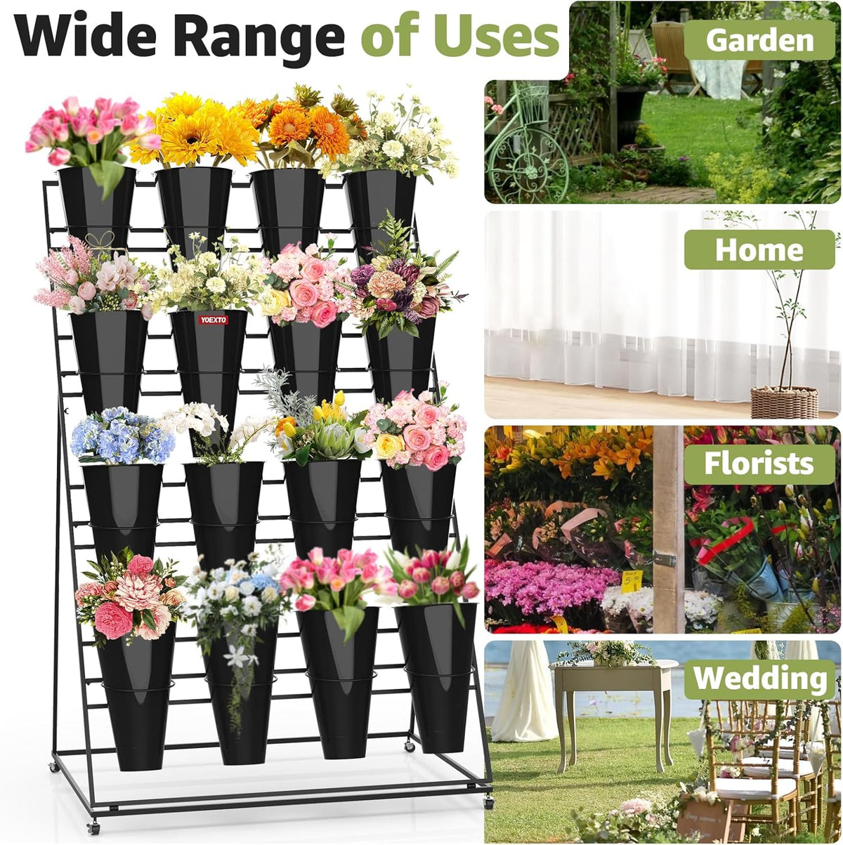 Flower Display Stand 4 Layers with 16 PCS Round Buckets, Plant Stand with Wheels, Movable Metal