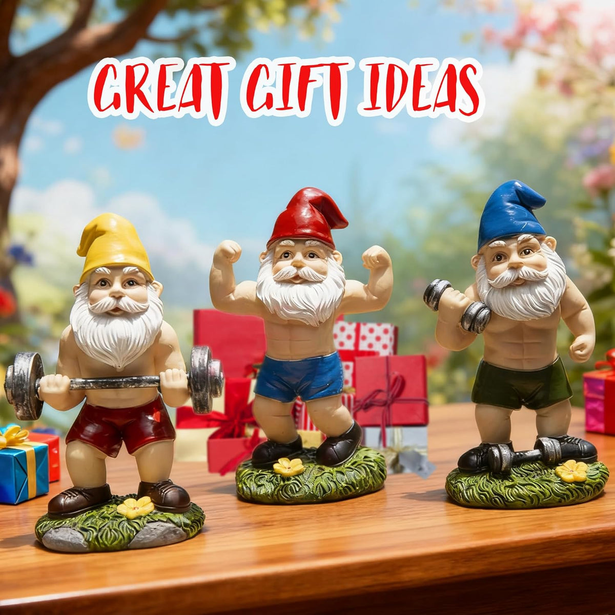 Funny Workout Garden Gnomes Statues 3pcs 6.2 Inches Outdoor Muscular, Barbell and Dumbbell Gnomes