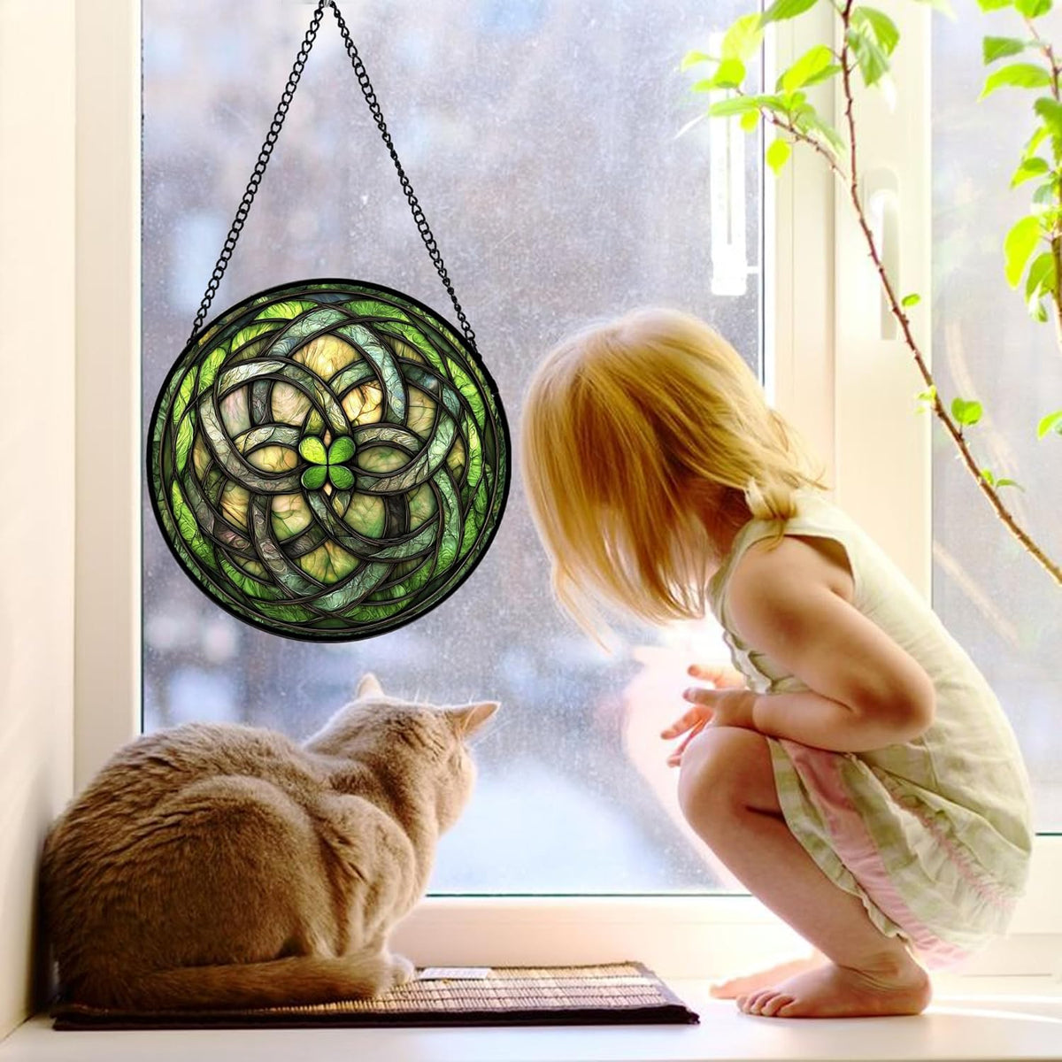Stained Glass Window Hanging, Abstract Green Clover Sun Catchers Colorful Glass Panel Bless