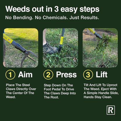 Rocklin™ Stand Up Weed Puller Tool - 4 Claw Steel Head - 48 inch Handle - 100% Metal - Easily