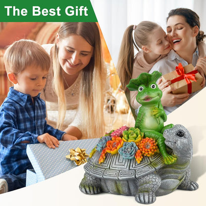 ILLUMINEW Solar Garden Outdoor Statues Turtle& Frog with Succulent and 8 LED Lights, Turtle