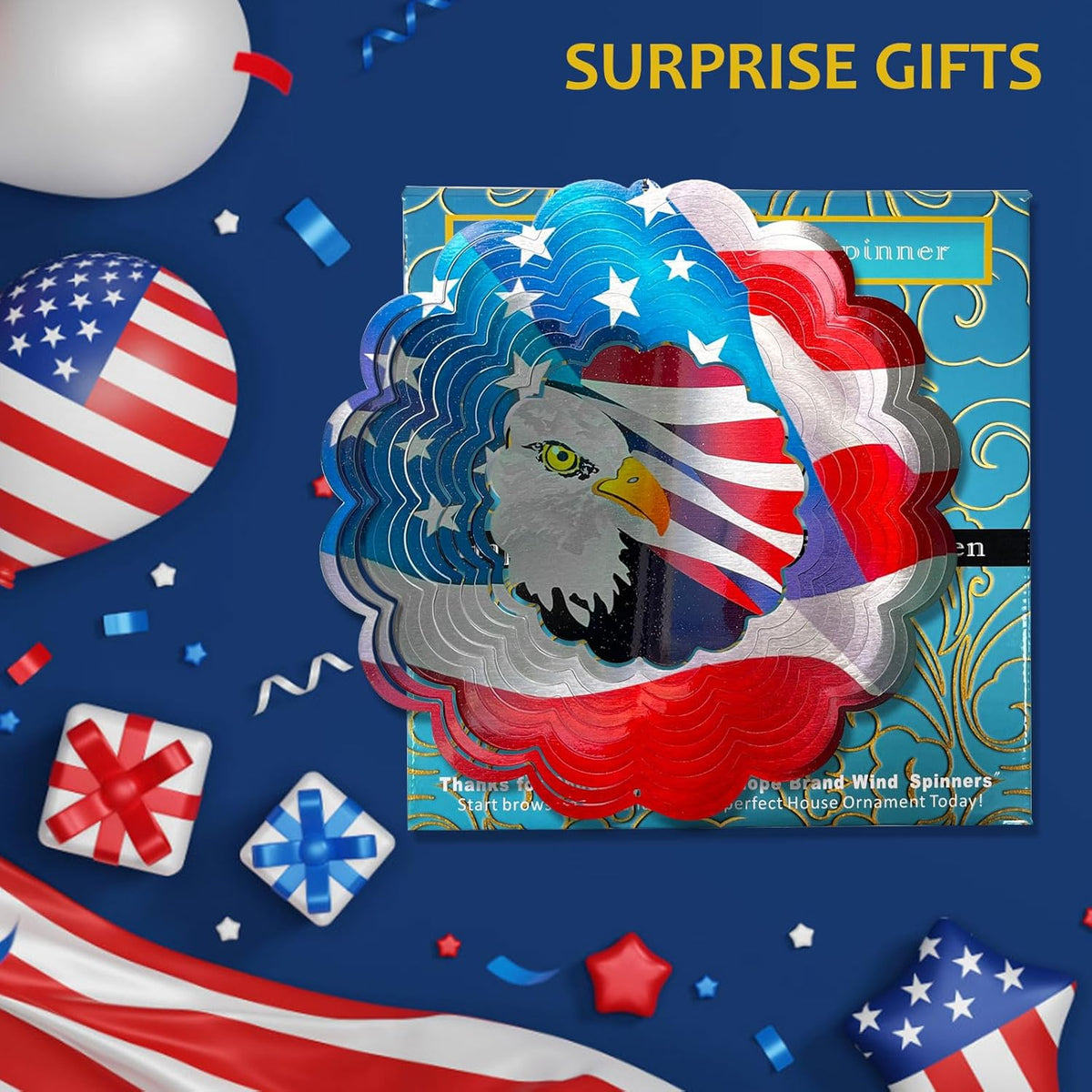 American Flag Wind Spinner - Patriotic Eagle Design | 12In 3D Holographic Hanging Wind Sculptures &