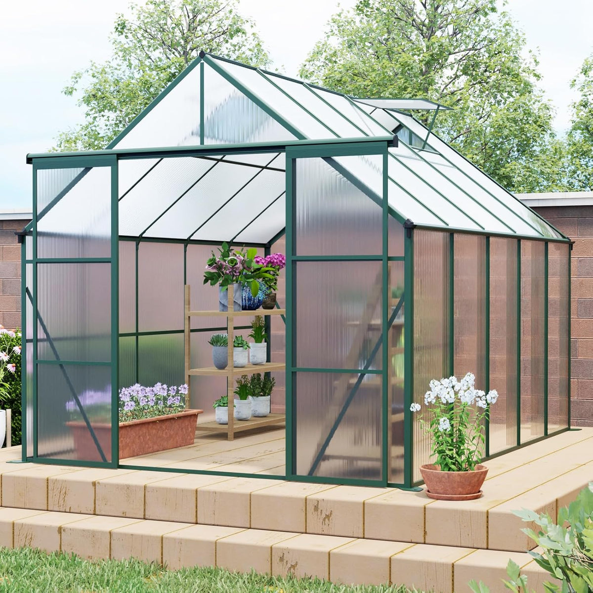 KEIKI 8x10 FT Double Door Polycarbonate Greenhouse with Aluminum Frame,Raised Base and Roof