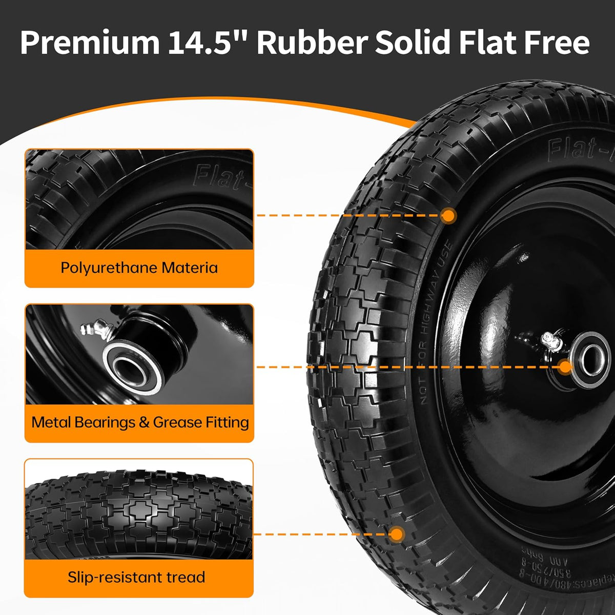2 PCS 4.80/4.00-8 Flat Free Tire and Wheel, 14.5 Solid Wheelbarrow Tires, 5/8" 3/4" Bearings，3"-7"