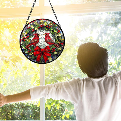 Stained Glass Window Hanging - Cardinals Green Wreath Suncatcher for Doors Home Christmas