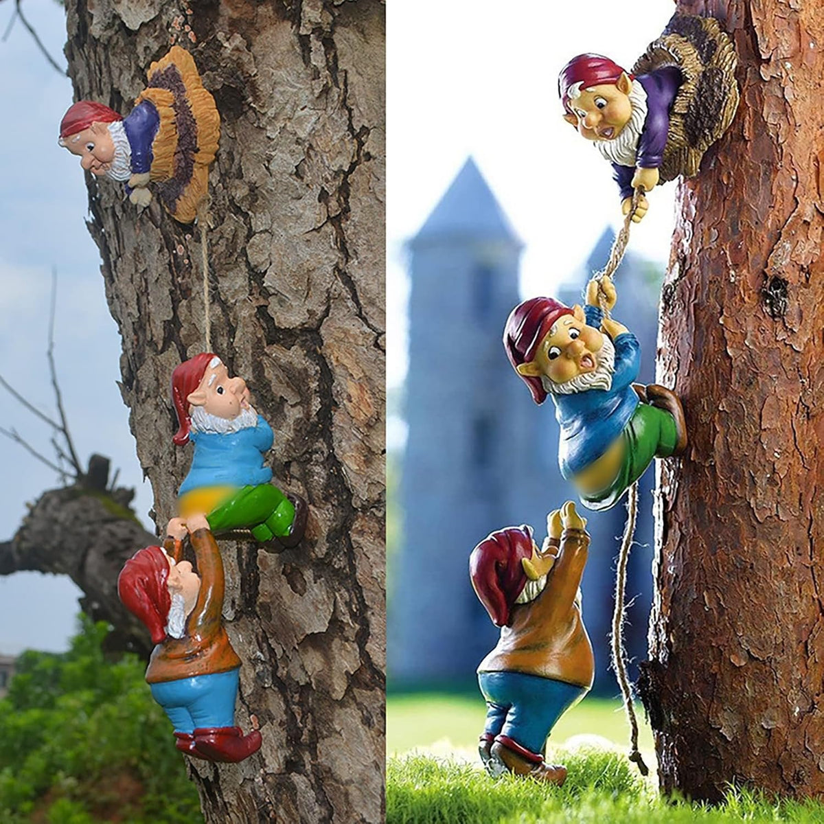 Outdoor Garden Gnome Climbing Rope Statue,Garden Gnomes Statue, Resin Garden Tree Hugger Outdoor