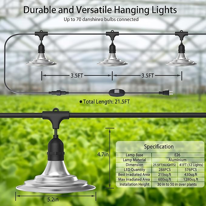 12-Light Outdoor LED Grow Lights – Waterproof Full Spectrum Greenhouse Lights for Plants, 41FT