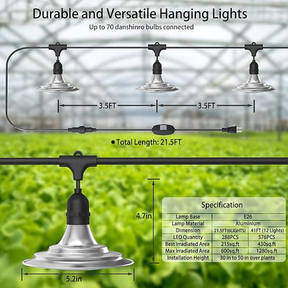 12-Light Outdoor LED Grow Lights – Waterproof Full Spectrum Greenhouse Lights for Plants, 41FT