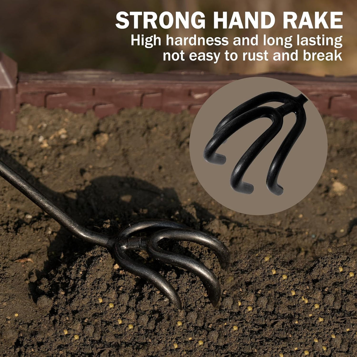Hand Cultivator Rake, Ergonomic Small Garden Rake with Walnut Handle & 4 Durable Tines, Garden