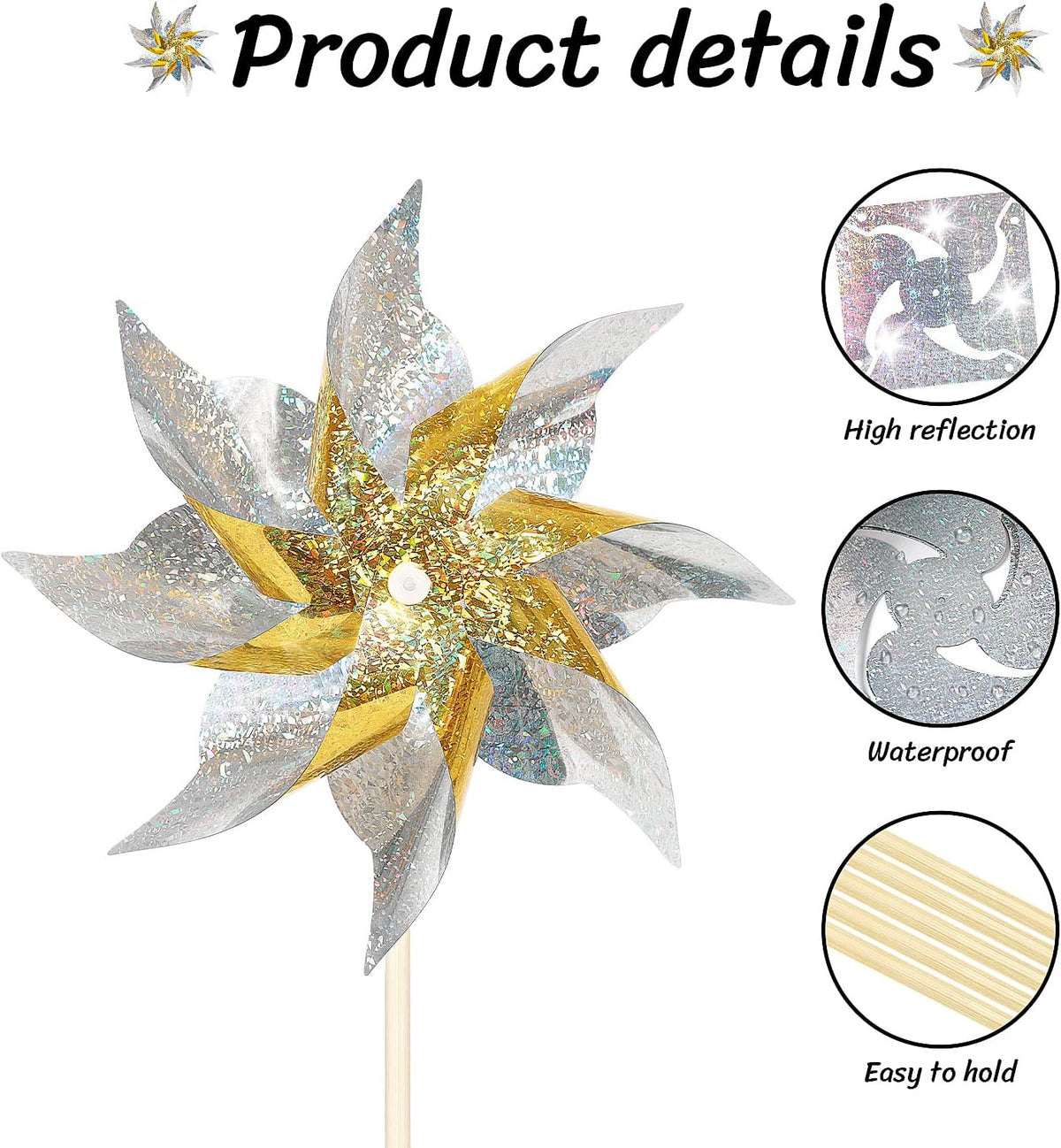 10 Pack Reflective Pinwheels for Yard and Garden,Wind Spinners Outdoor Bird Scare Devices,Sparkly