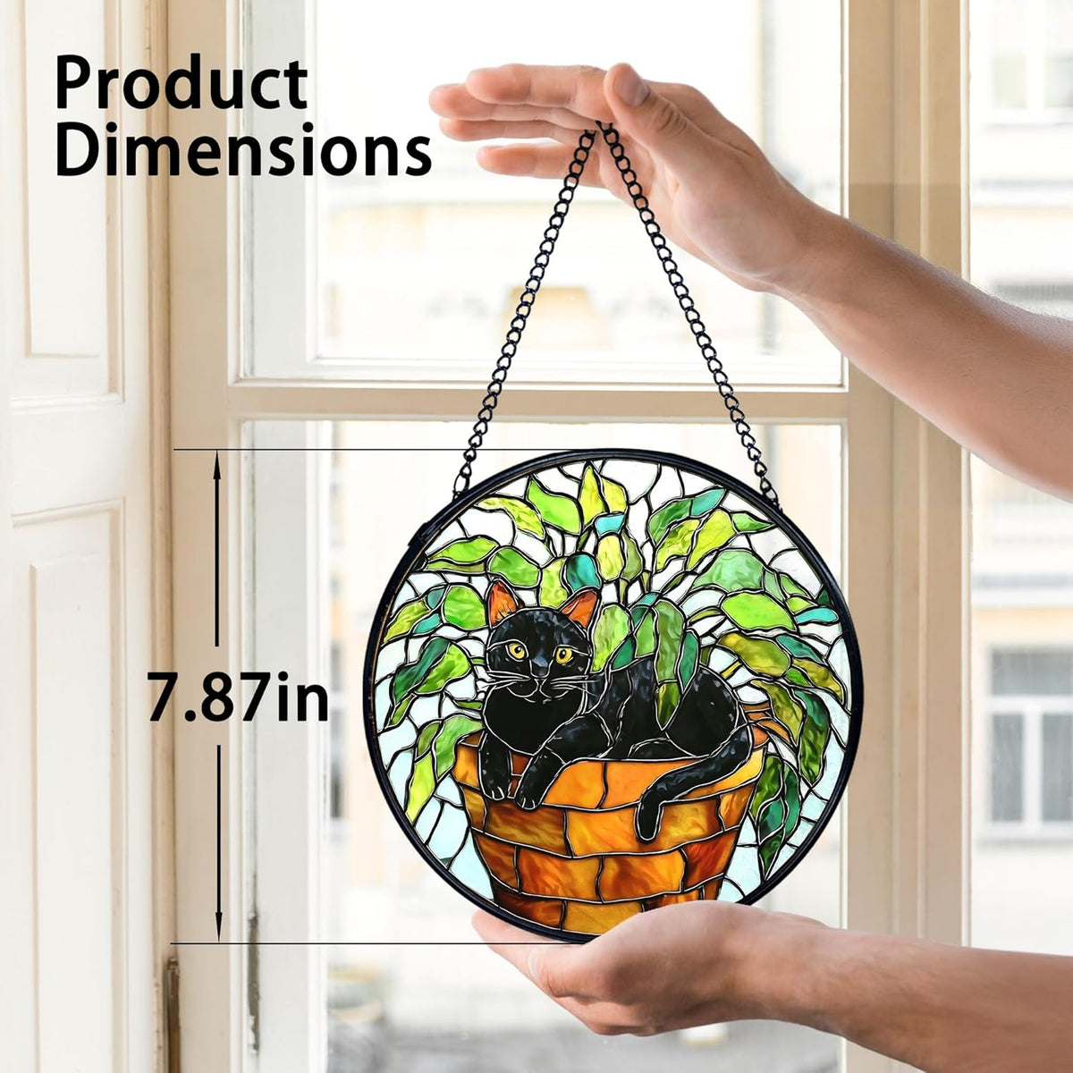 TNUW Black Cat Plant Stained Glass Window Hanging, Black Cat Botanical Sun Catchers Indoor Window