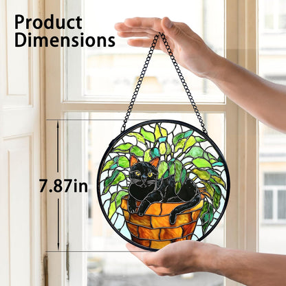 TNUW Black Cat Plant Stained Glass Window Hanging, Black Cat Botanical Sun Catchers Indoor Window