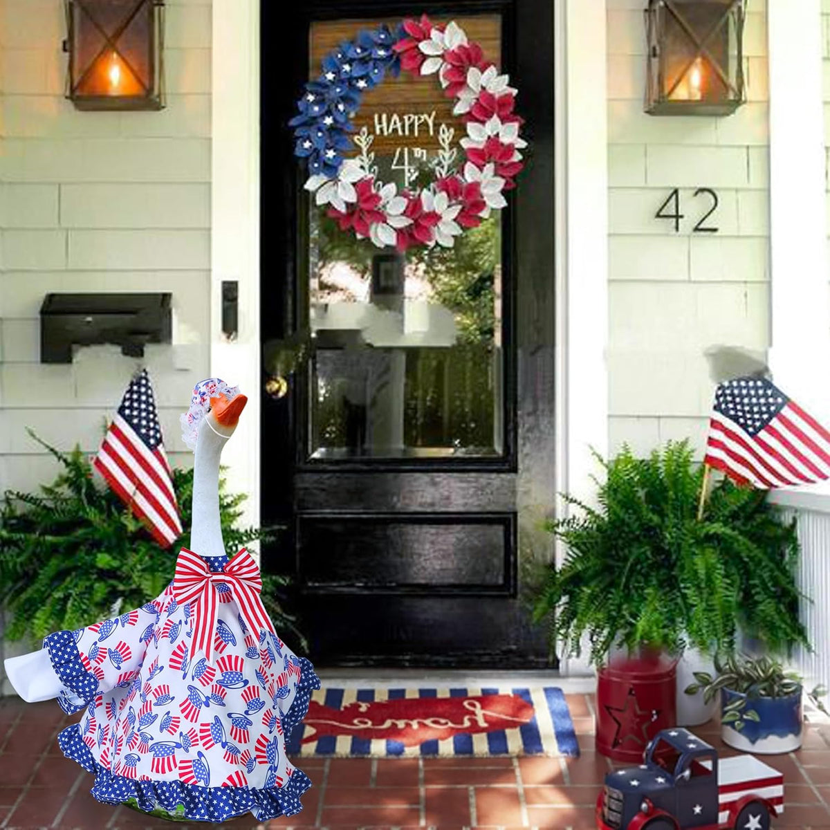 4th of July Goose Outfit Independence Day Clothes for Porch Goose 23" Cement Statue - Outdoor Patio