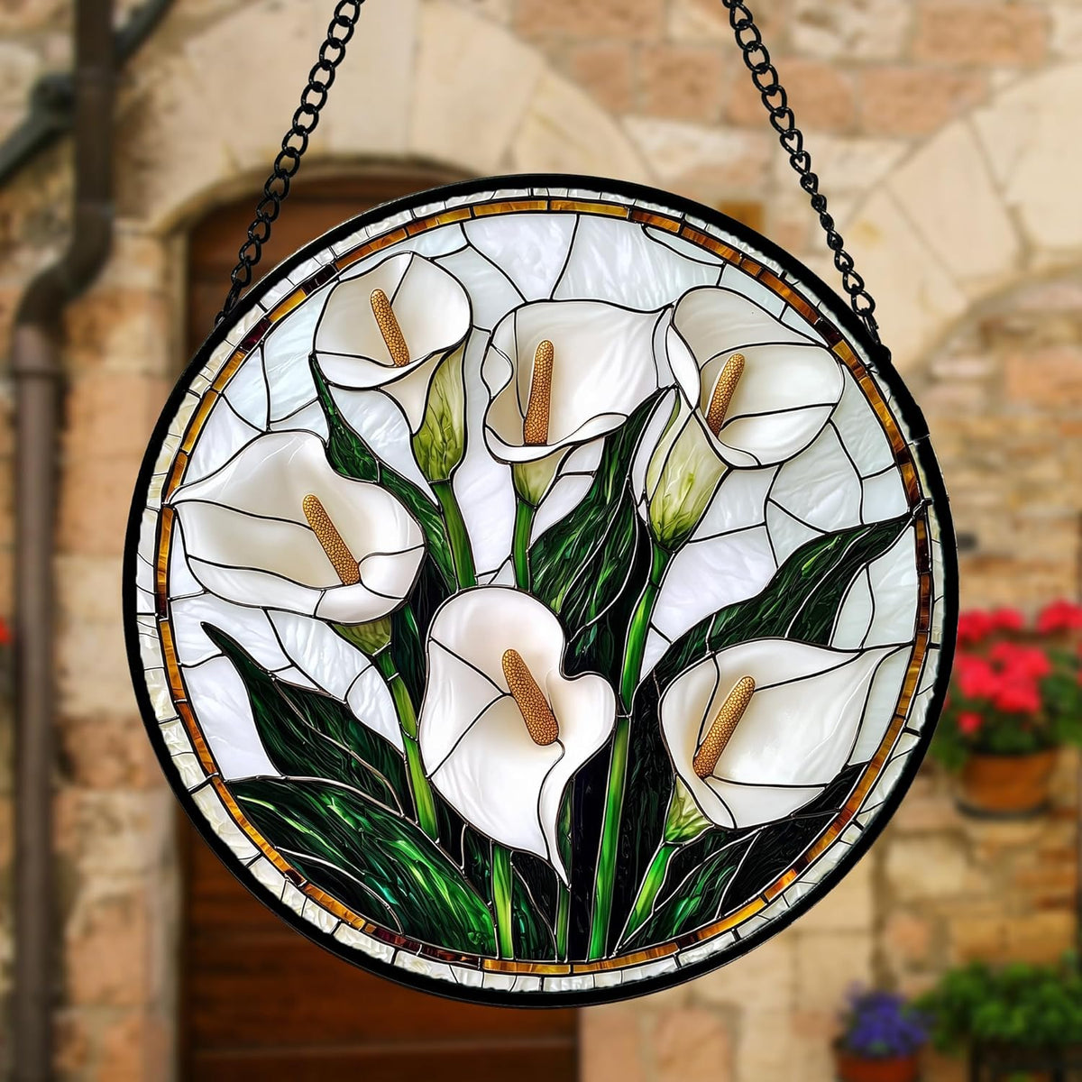 Stained Glass Window Hanging, White Calla Lily Flowers Sun Catchers Glass Panel Plant Suncatcher
