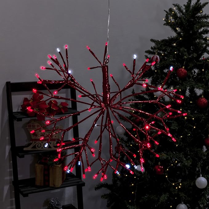 Alpine Corporation 16" Indoor Holiday 3D Snowflake Hanging Ornament with LED Lights, Red