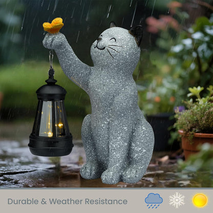 Solar Cat Garden Statue Outdoor Decor, Cat Sculpture with Lantern and Butterfly for Yard Lawn Patio