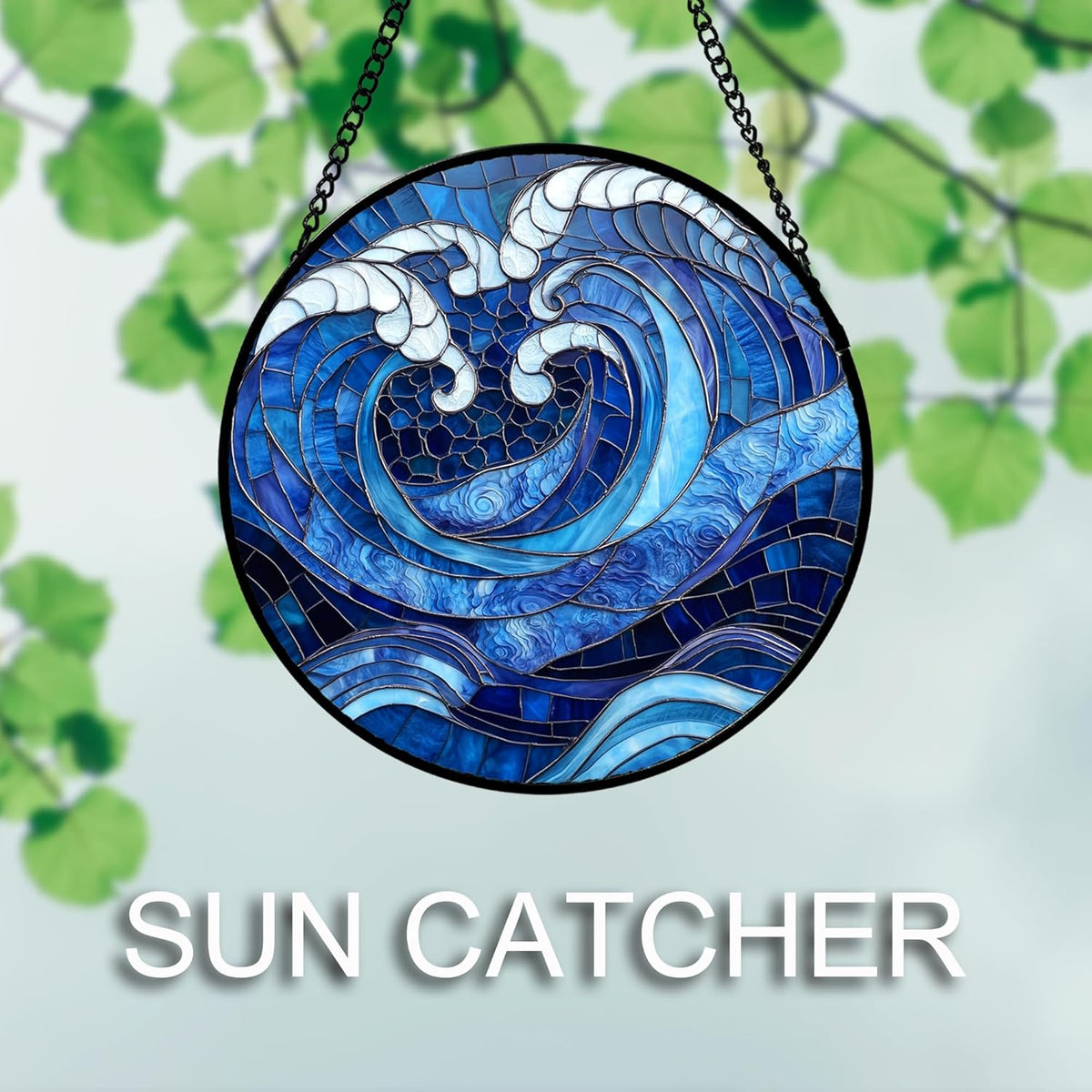 Stained Glass Window Hanging 4 Pcs Set Blue Ocean Waves 6.3" - Starfish Crab Seal Suncatcher Door