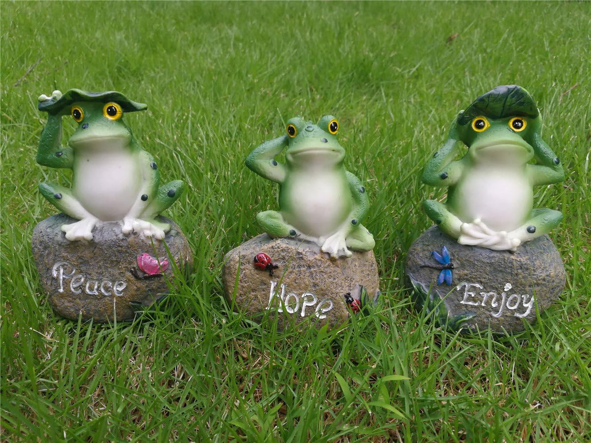 LANKER Frog Garden Statues – 3 Pack 5 Inch Frogs Sitting on Stone Sculptures Outdoor Decor Fairy