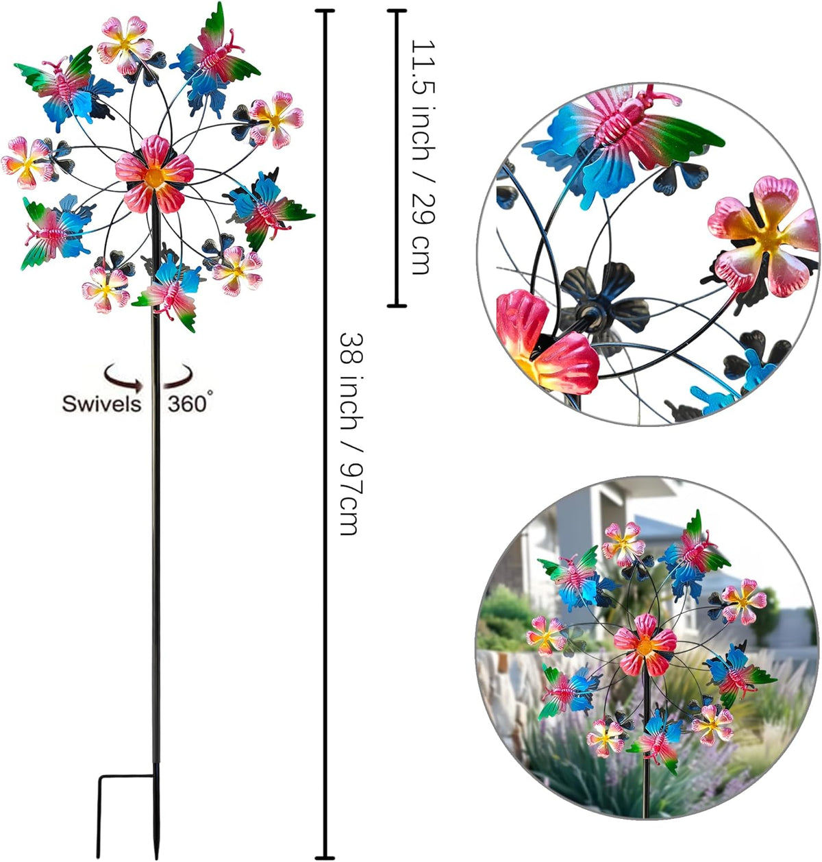 38" Double Blade Butterfly Wind Spinners Outdoor, Colorful Butterflies Kinetic Outdoor Decor for