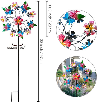 38" Double Blade Butterfly Wind Spinners Outdoor, Colorful Butterflies Kinetic Outdoor Decor for