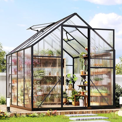 Jocisland 6x8x6.3 FT Polycarbonate Greenhouse for Outdoors with 2 Windows, Dual Swing Doors