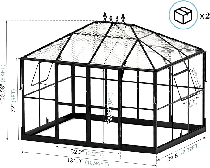 Jocisland 11x8.3x8.6 FT Polycarbonate Greenhouse with Clear Panels- 6 FT Wall Height Outdoor