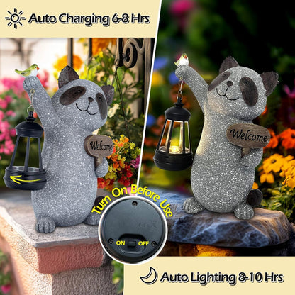 Raccoon Garden Statue with Solar Lantern, Cute Raccoon Figurine Light with Welcome Sign and Bird
