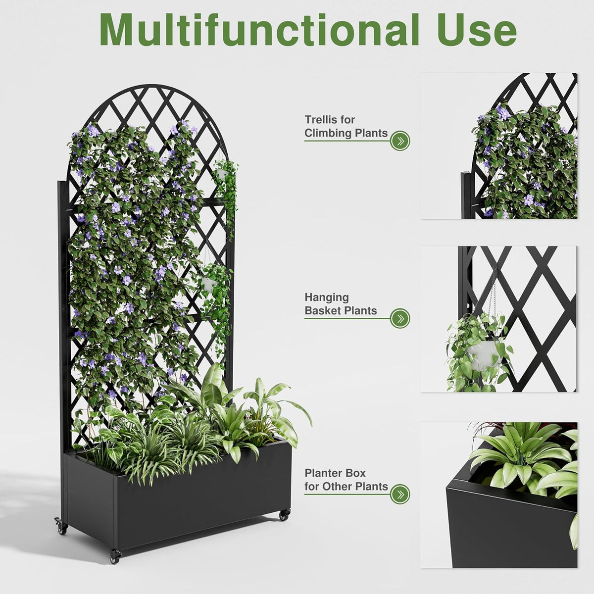 Casaphoria Metal Raised Garden Bed with Trellis and Wheels, 72"x35"x16" Planter Box for Climbing