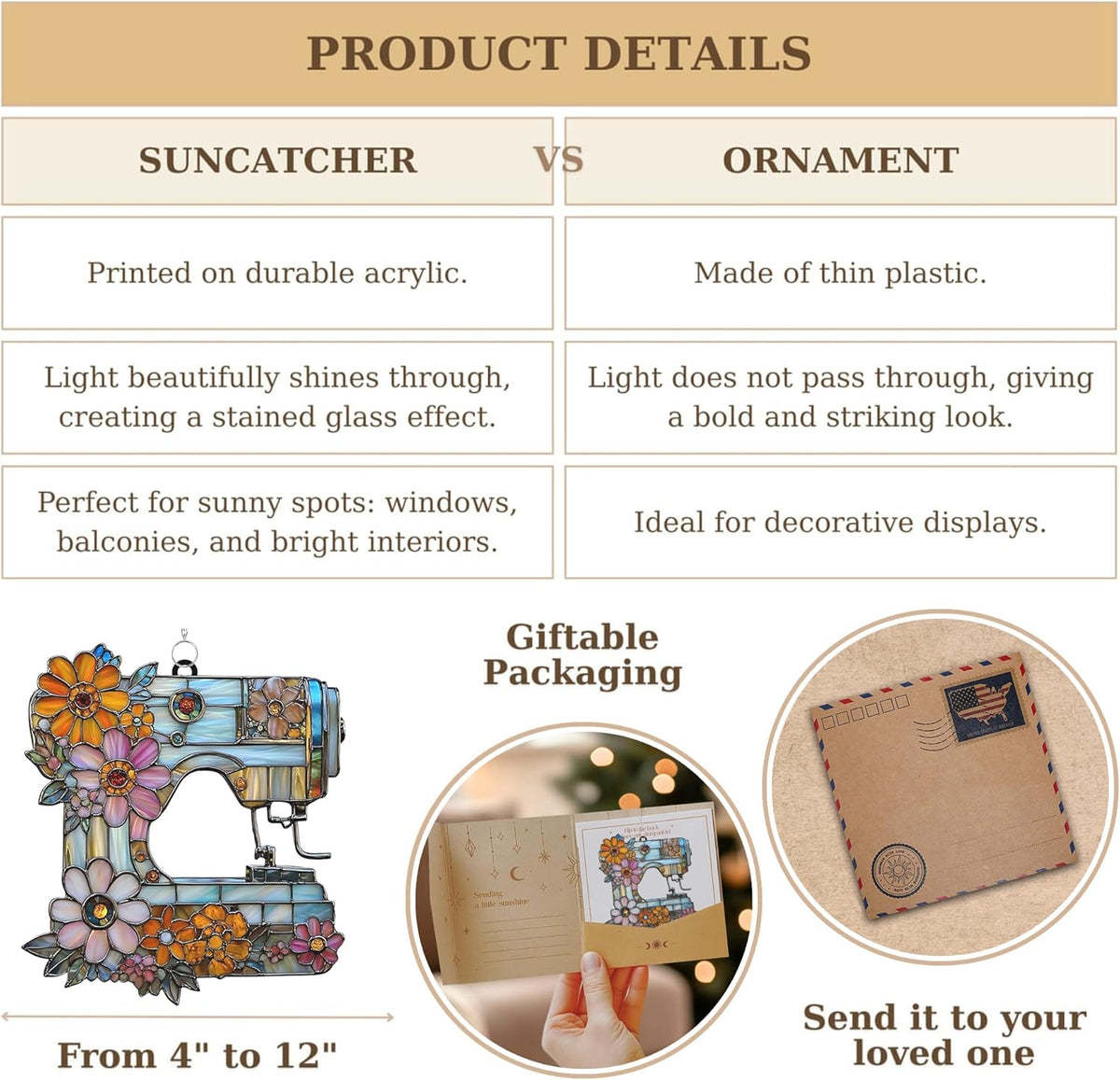 Vintage Sewing Machine Acrylic Suncatcher Stained Glass Effect Window Car Hanging Christmas