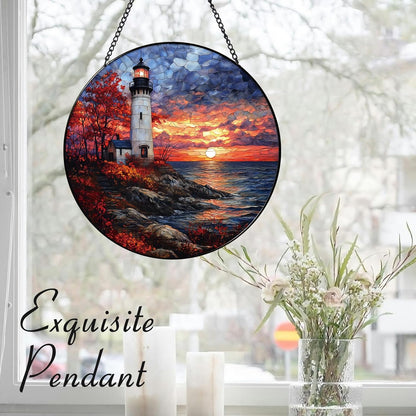 Coastal Lighthouse in Autumn Suncatcher -7.9 in Stained Glass Window Hanging Sun Catcher Garden