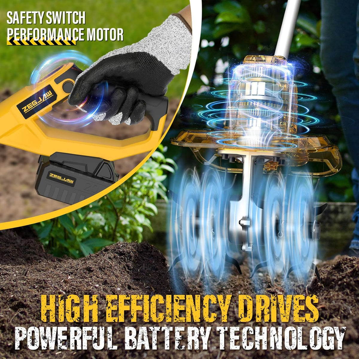 20V Cordless Electric Garden Tiller Cultivator, 9-Inch Tilling Width, 6.6-Inch Depth Rototiller for