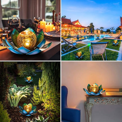 Huaxu Solar Light Outdoor Garden Decor Blue Metal Crackle Globe Glass Waterproof LED Lotus Flower