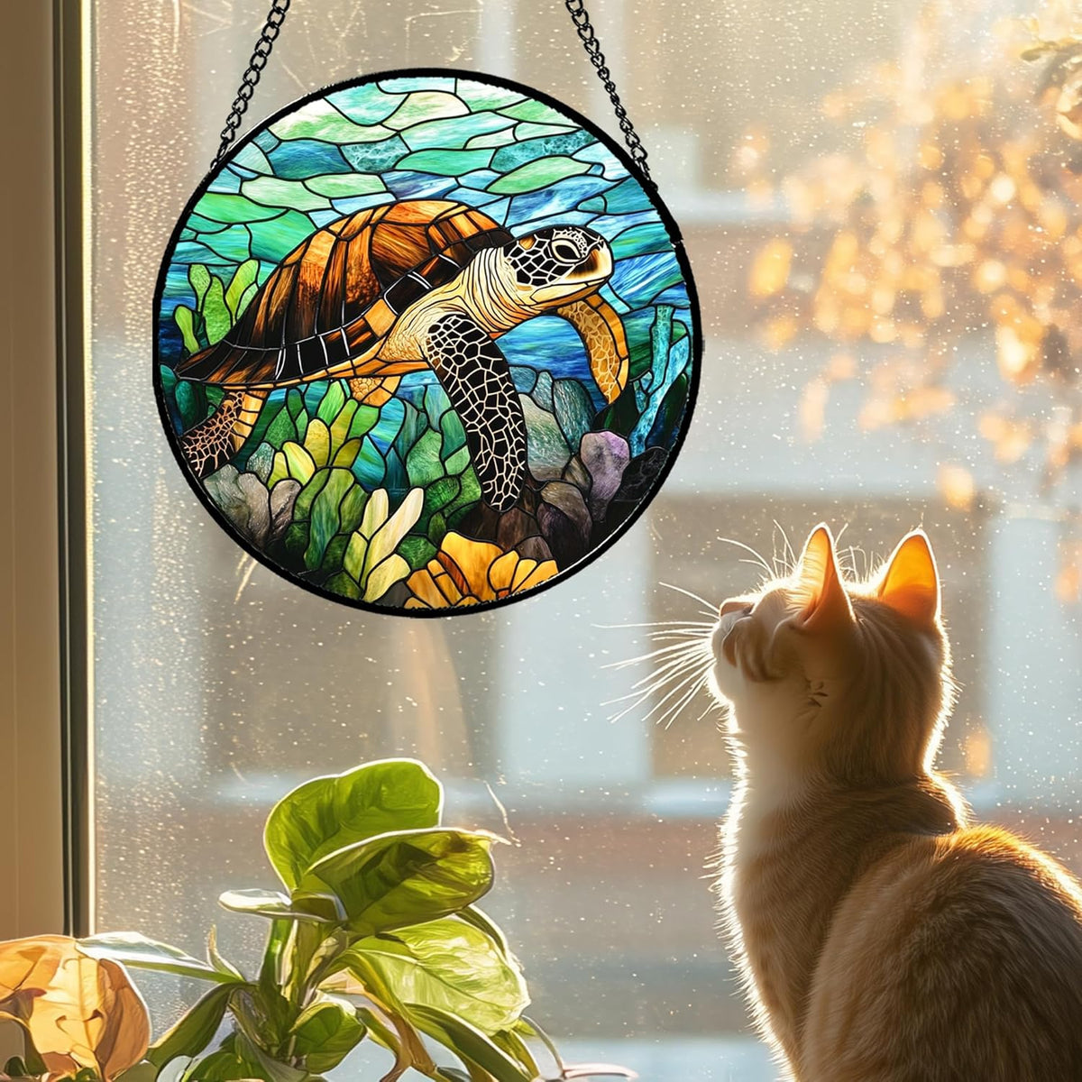 Stained Glass Window Hanging - Cute Sea Turtle Suncatcher for Door Garden Yard Blue Ocean Sun