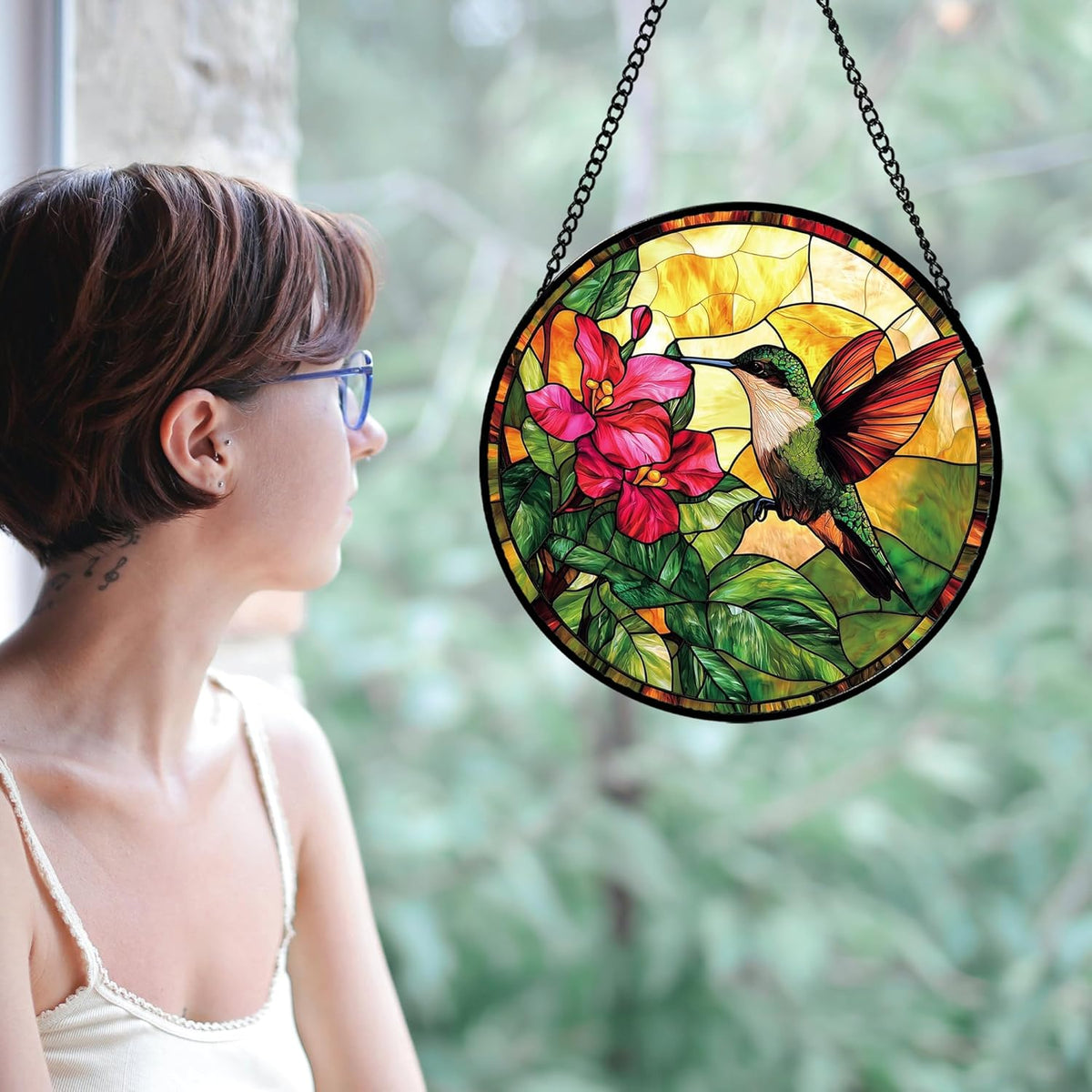 Stained Glass Suncatcher, Hummingbird Red Flowers Green Leaves Sun Catcher Stain Glass Window