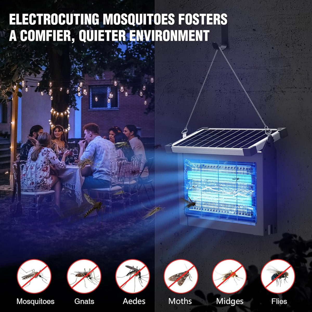 Solar Bug Zapper Outdoor, 4500V Mosquito Zapper Waterproof with Panel Sensor Electric Fly Zapper
