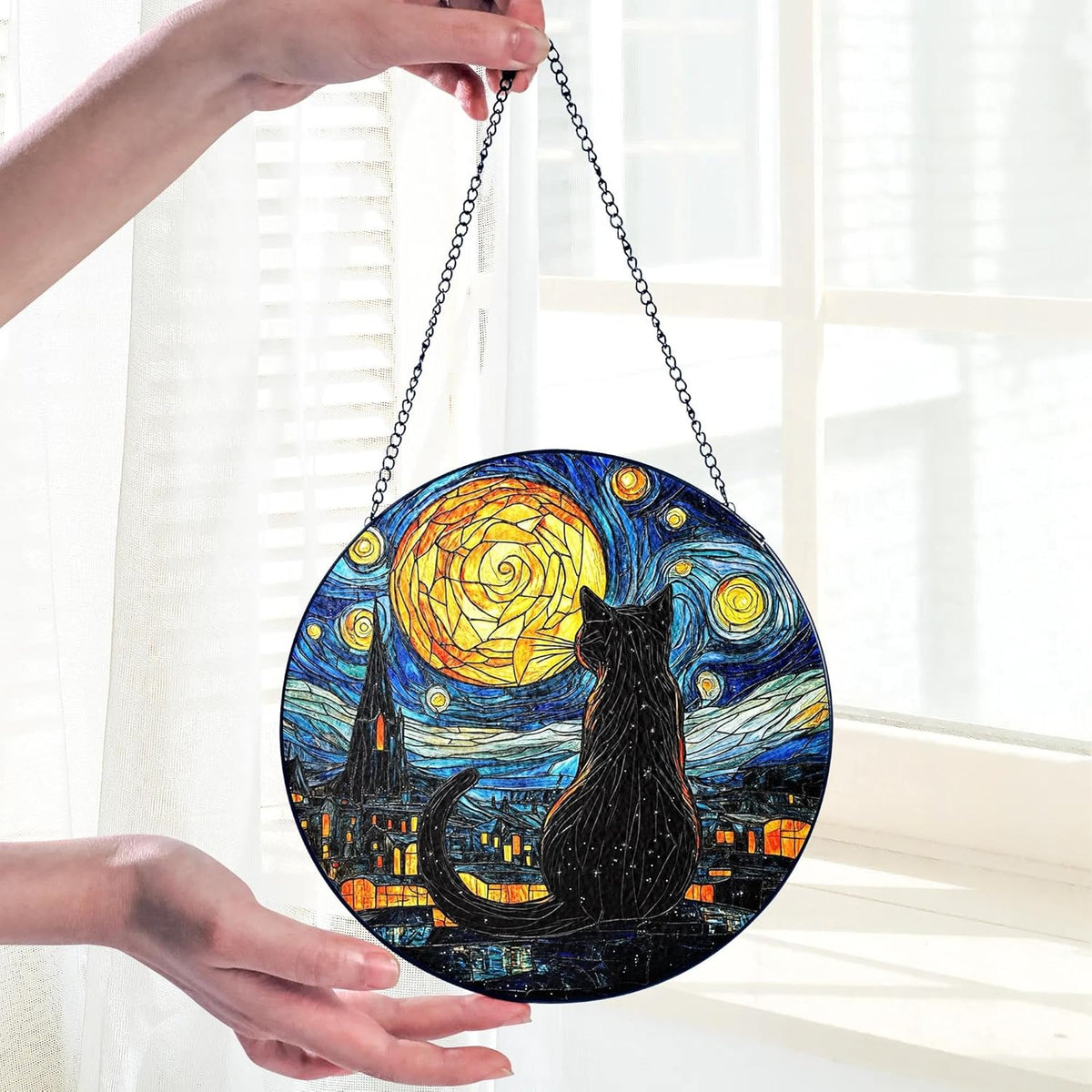 Black Cat Stained Glass Suncatcher Window Hanging Decor for Garden, Suncatcher Panel Ornament
