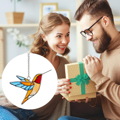 Handmade Stained Glass Hummingbird Hanging Ornament - Colorful 4.3x4.9 Inch Window/Garden Decor for