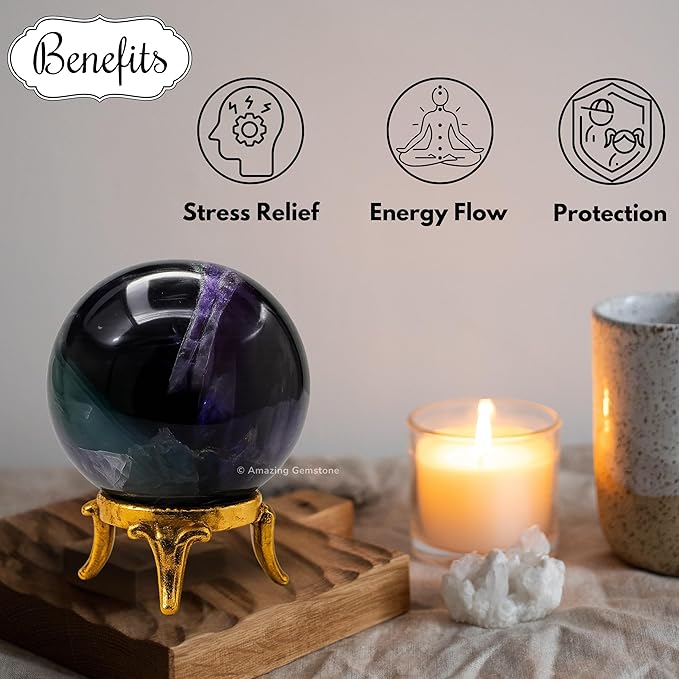 Amazing Gemstone Fluorite Crystal Ball with Stand - 2 Inches Crystal Sphere Meditation Balls for
