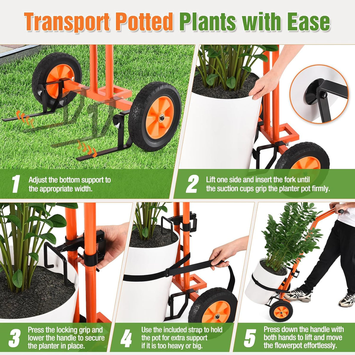 Plant Caddy with Wheels, Heavy Duty Plant Dolly Cart with Adjustable Grabbing Arm and Suction Cups
