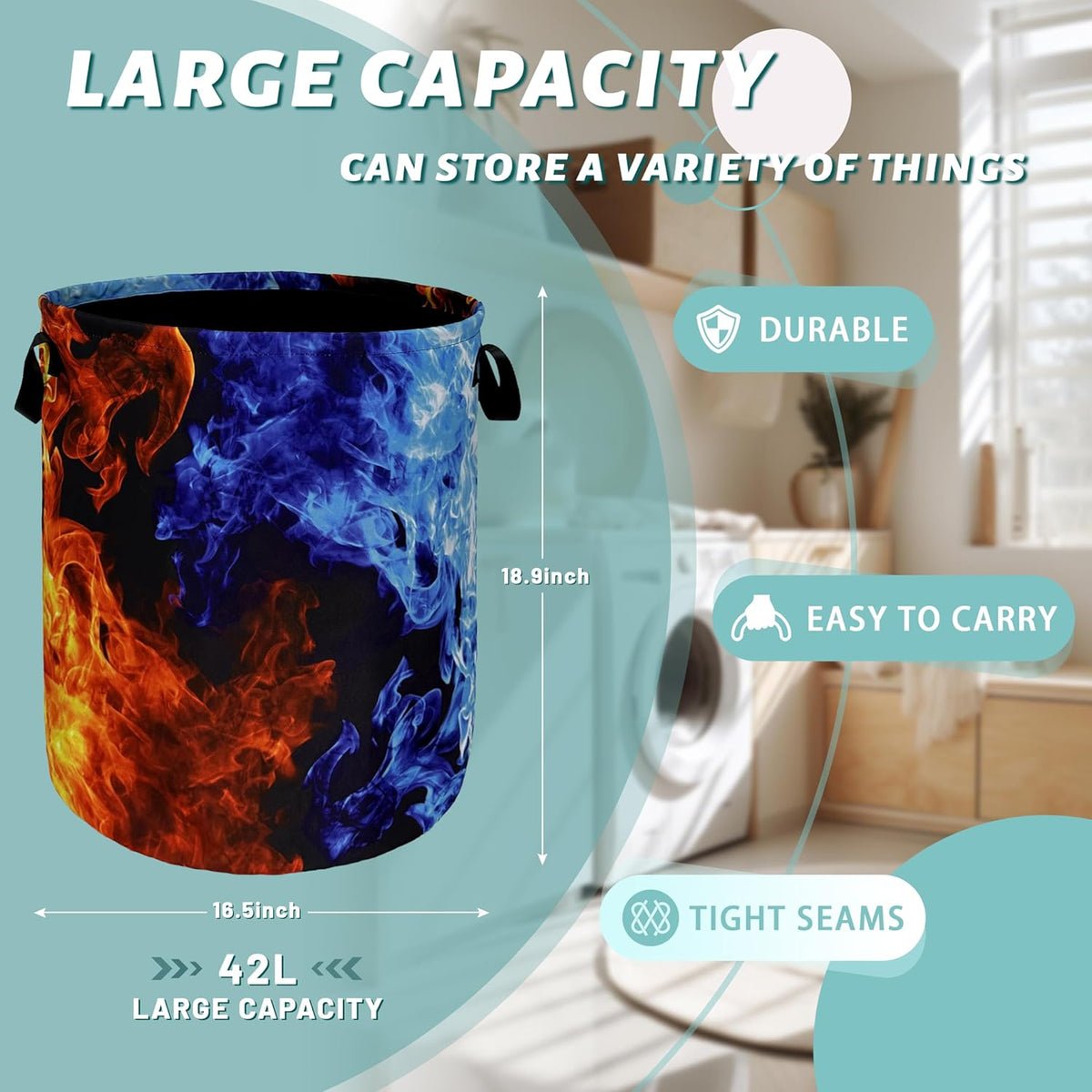 Red Blue Fire Flame Laundry Basket Foldable With Handles Cool Tote Bag Oxford Cloth Colorful
