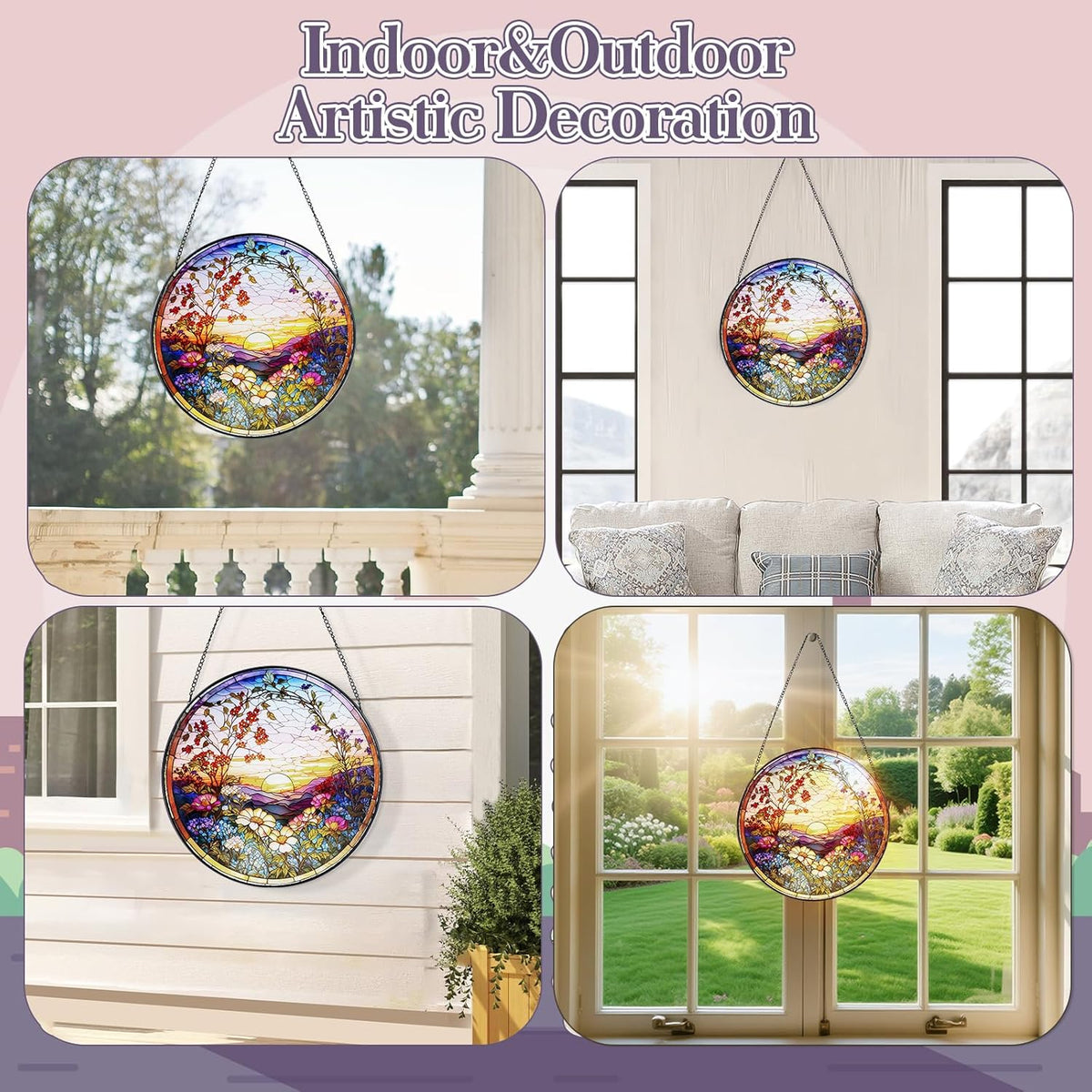Stained Glass Window Hanging Sunset Suncatcher, Renyalora 10 Inch Round Real Glass Panel with