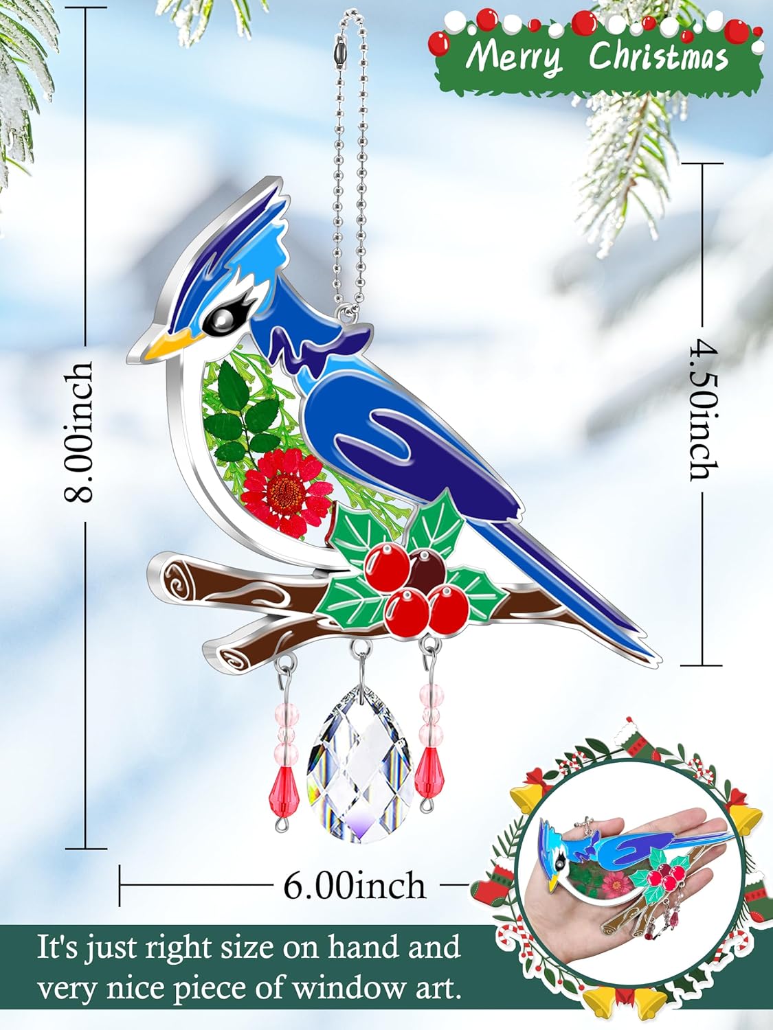 KY&BOSAM Blue Bird Suncatcher Gifts for Mom Hand Painted Stained Glass for Windows Hanging Wind