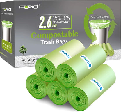 FORID 2.6 Gallon Compostable Garbage Bags, 150 Count, 5 Rolls – Green, Small, Durable, Thick