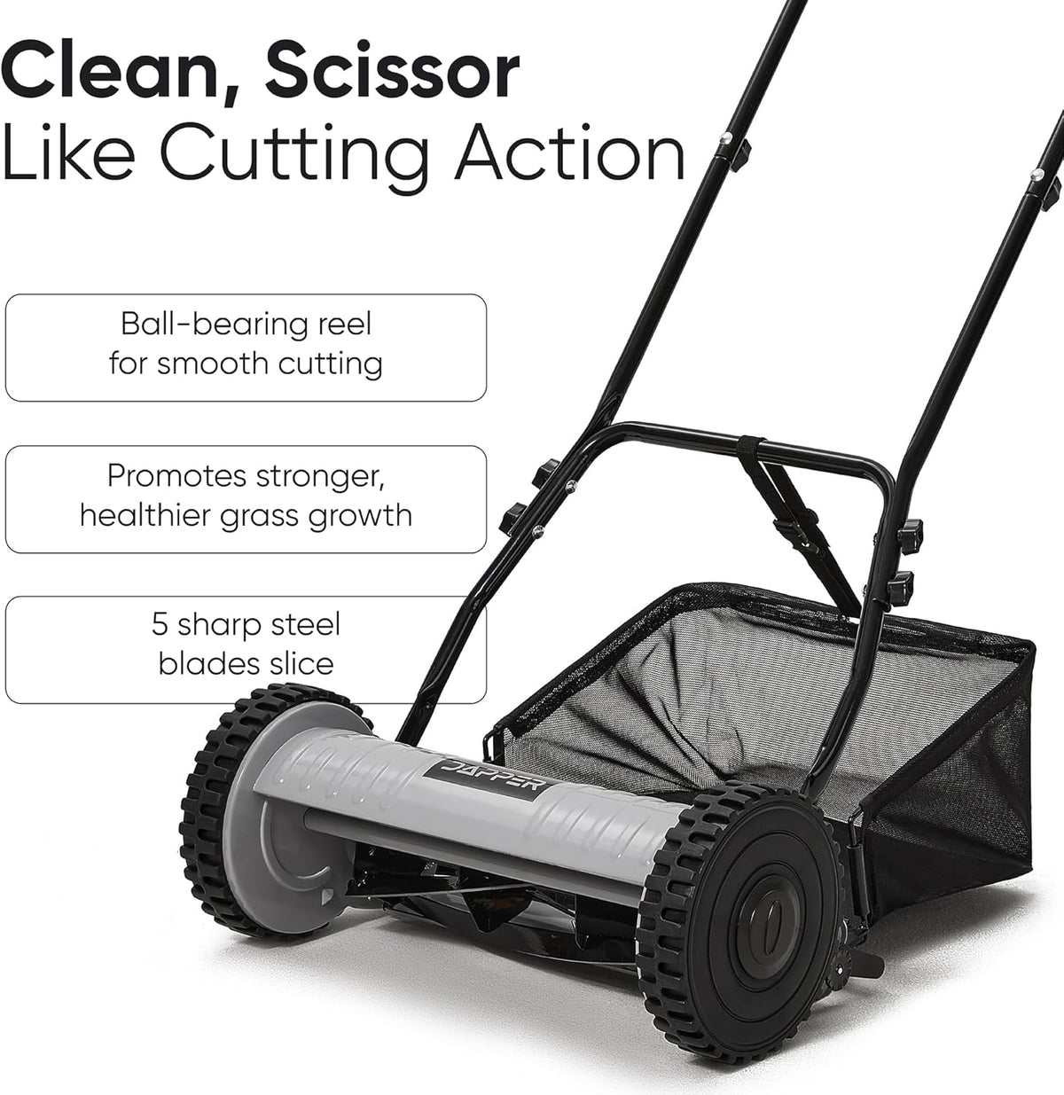 16" Push Reel Lawn Mower with Grass Catcher – Manual 5-Blade Hand Mower, Adjustable 3-Position