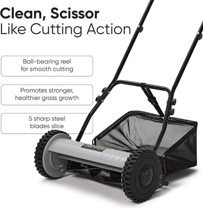 16" Push Reel Lawn Mower with Grass Catcher – Manual 5-Blade Hand Mower, Adjustable 3-Position
