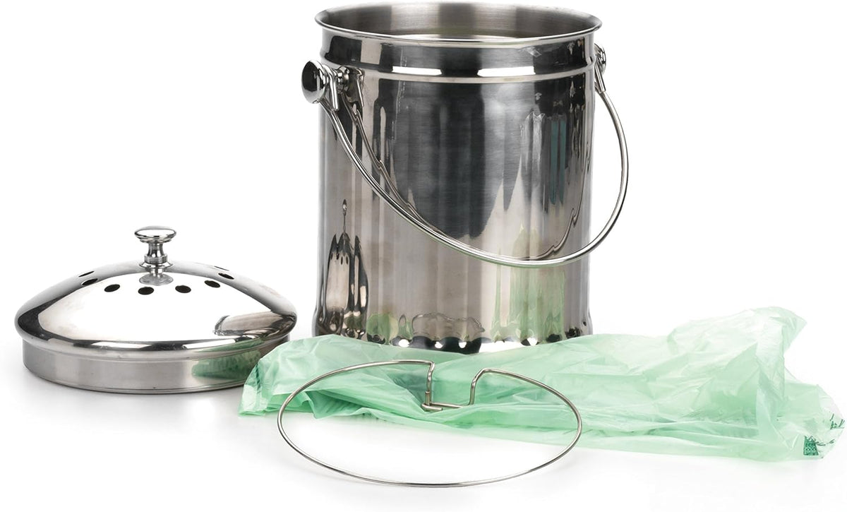 RSVP International Kitchen Collection Compost Pail, Dishwasher Safe, 1 Gallon Capacity, Stainless