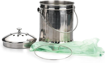 RSVP International Kitchen Collection Compost Pail, Dishwasher Safe, 1 Gallon Capacity, Stainless