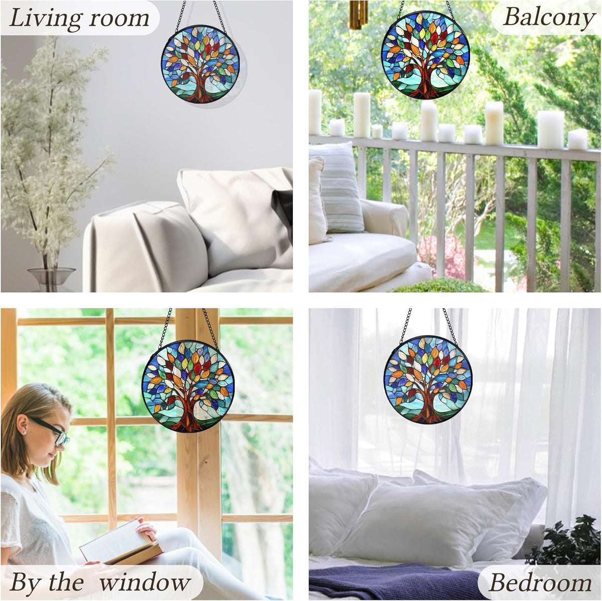 kdqua Tree of Life Suncatcher Stained Glass Window Hanging, Sun Catchers Indoor Window Glass Round