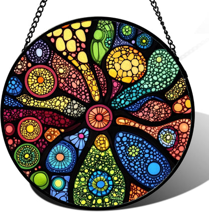 Stained Glass Window Hanging Colorful Abstract Plants 9.8" - Retro Boho Suncatcher Door Garden Sun
